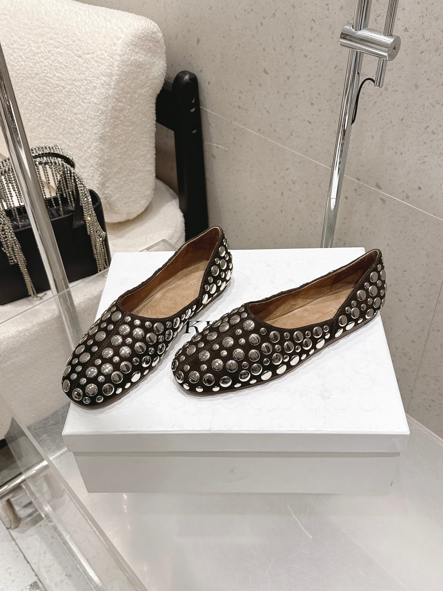 CELINE 26S FLAT SHOES IN DARK BROWN SUEDE WITH METAL STUDS