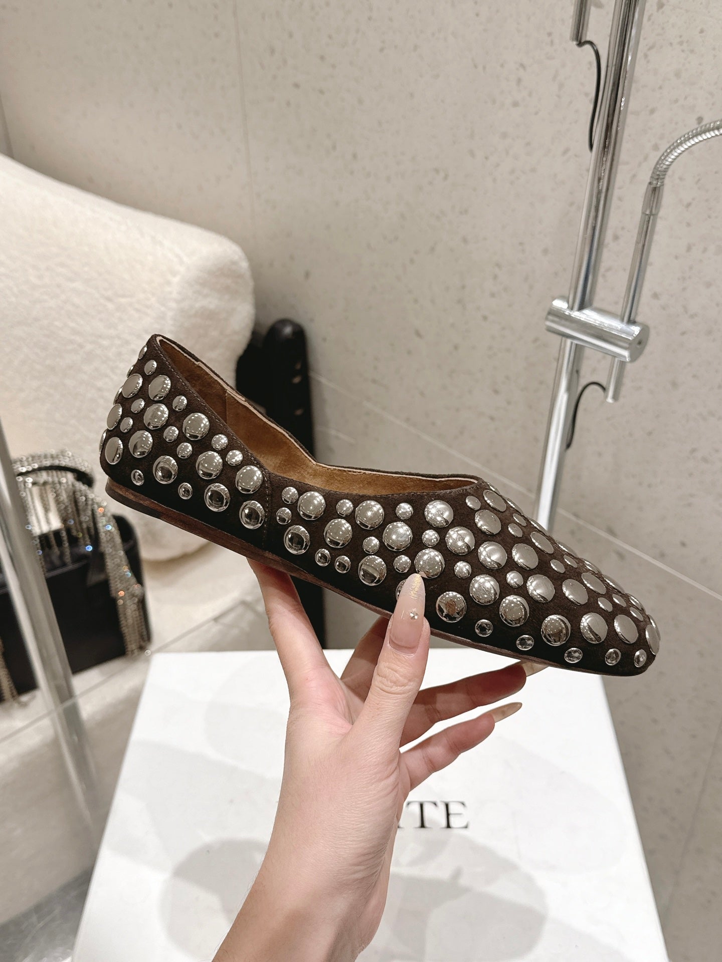 CELINE 26S FLAT SHOES IN DARK BROWN SUEDE WITH METAL STUDS