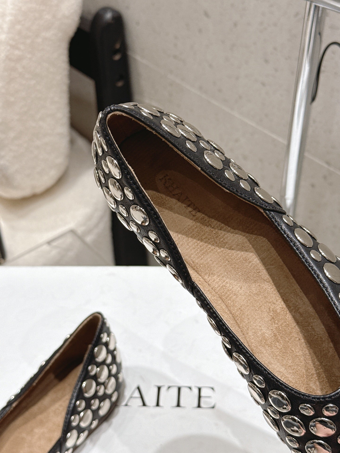 CELINE 26S FLAT SHOES IN BLACK CALFSKIN WITH METAL STUDS