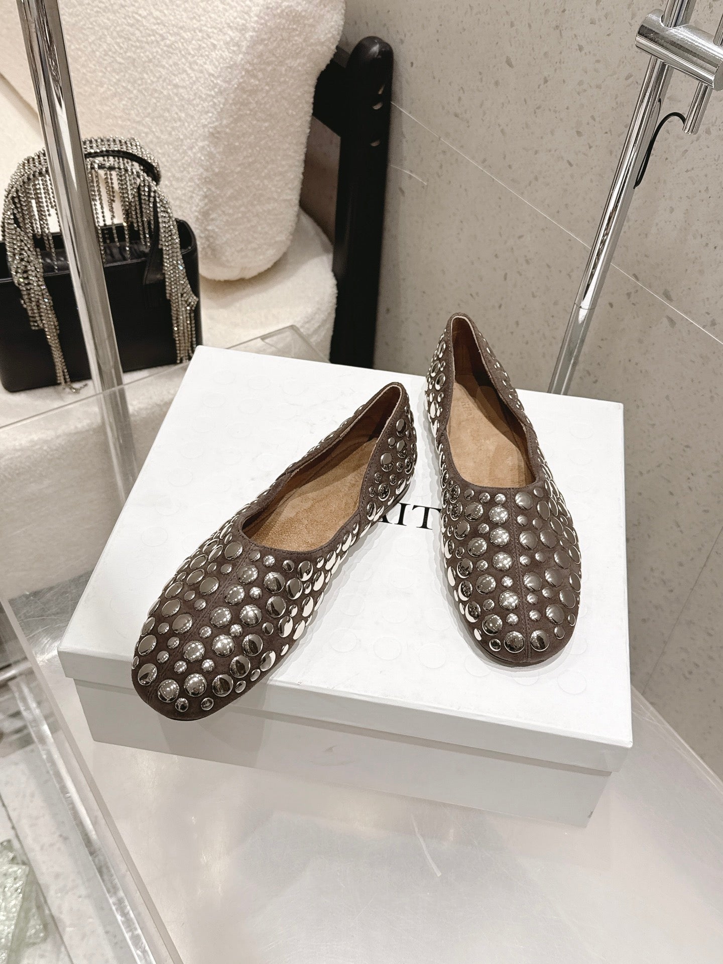 CELINE 26S FLAT SHOES IN TOFFEE BROWN SUEDE WITH METAL STUDS
