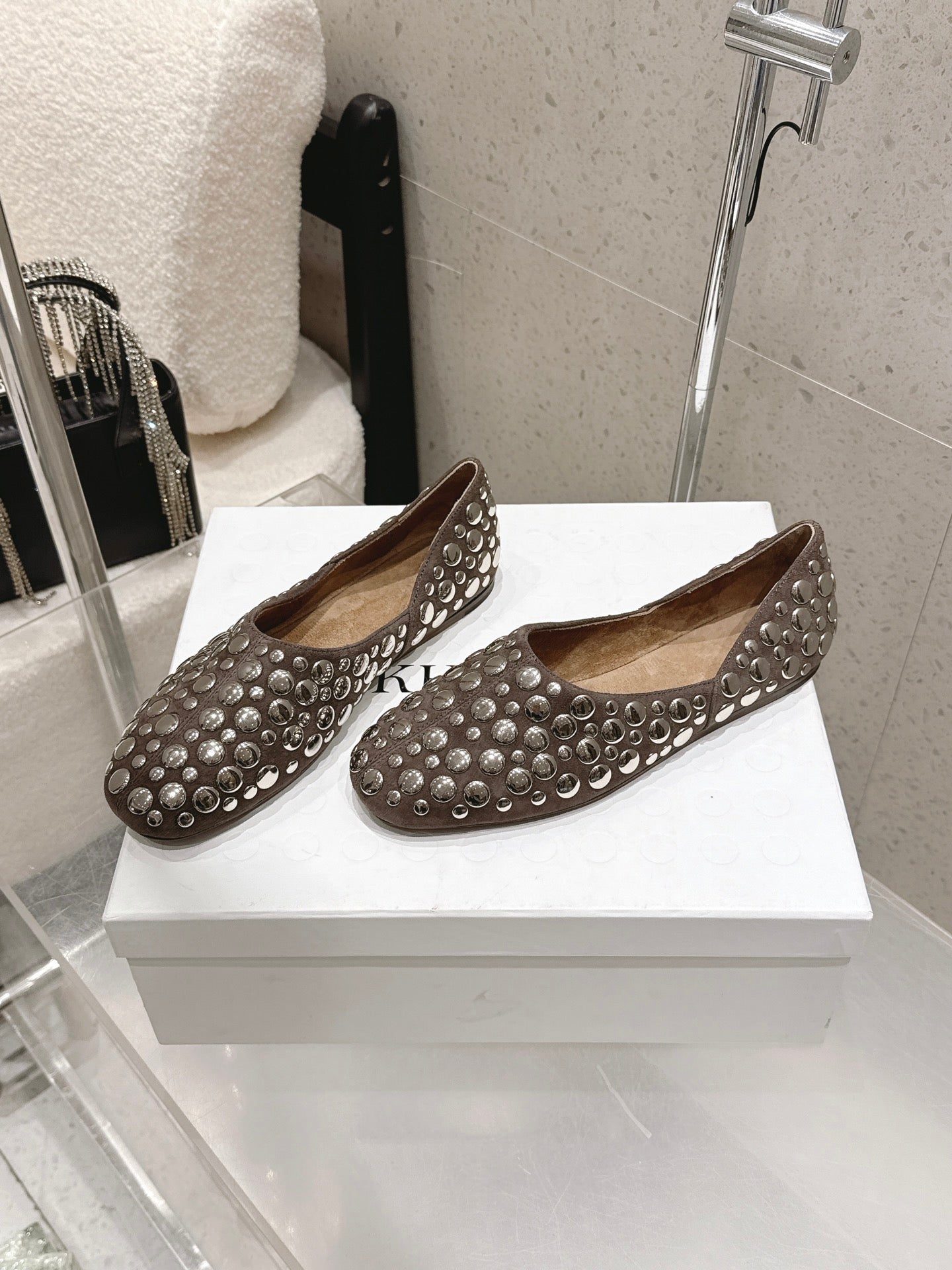 CELINE 26S FLAT SHOES IN TOFFEE BROWN SUEDE WITH METAL STUDS