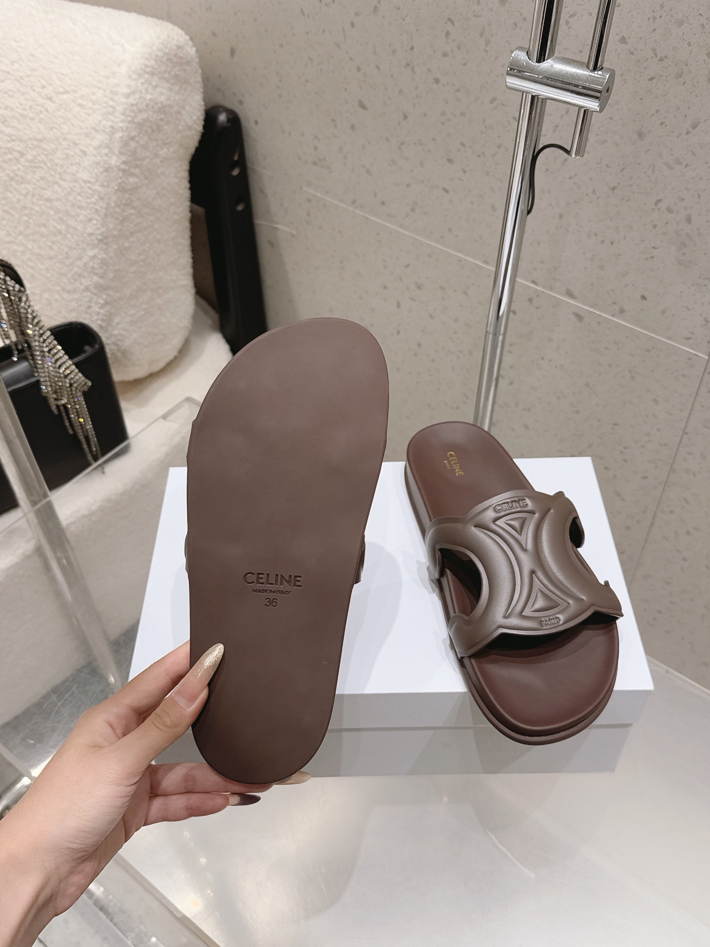 CELINE 26S TRIOMPHE SLIDES IN DARK BROWN CALFSKIN