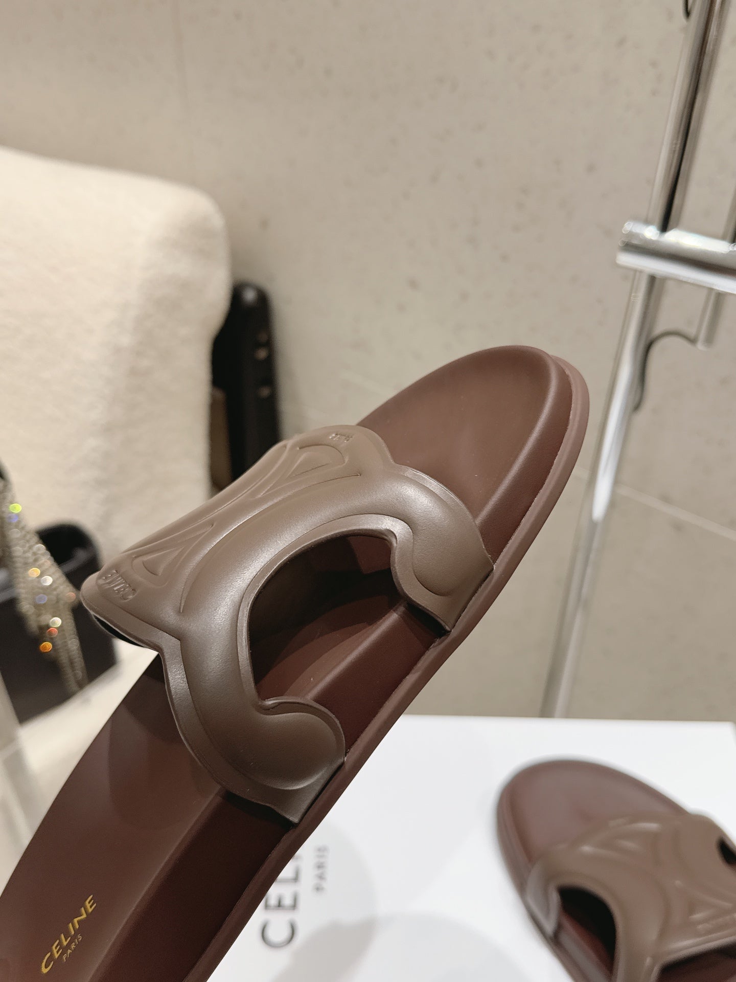 CELINE 26S TRIOMPHE SLIDES IN DARK BROWN CALFSKIN