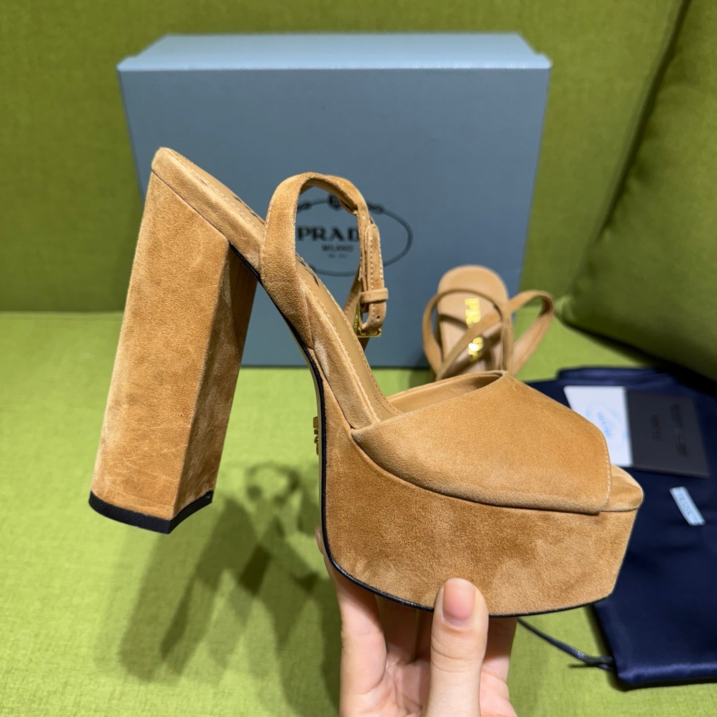 PRADA 25S HIGH-HEEL SANDALS 140 MM IN CARAMEL BROWN SUEDE STYLE 6