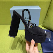 PRADA 25S HIGH-HEEL SANDALS 140 MM IN BLACK SUEDE STYLE 4