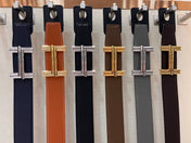 HM TRAVERSE BELT BUCKLE & REVERSIBLE CHOCOLATE BROWN AND BLACK LEATHER STRAP 38 MM GOLD HARDWARE