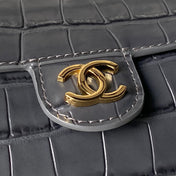 CHANEL 26S BARREL CLUTCH WITH CHAIN 23 IN DARK GREY CROCODILE-EMBOSSED CALFSKIN GOLD HARDWARE