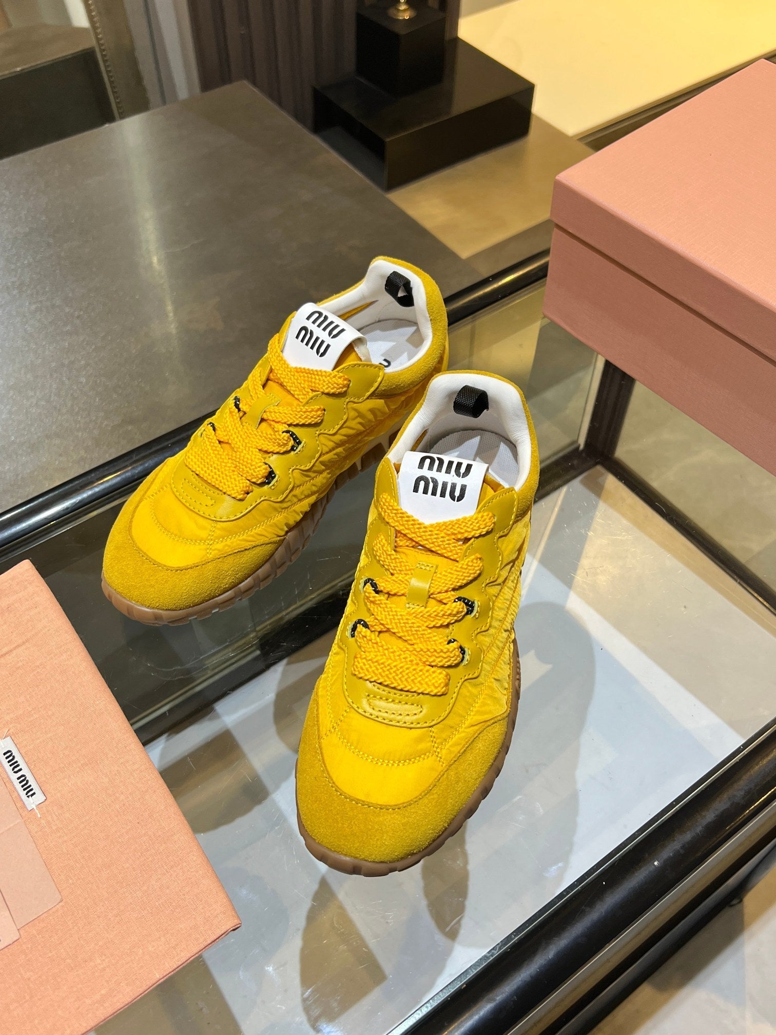 MIUMIU 26S SNEAKERS IN YELLOW FABRIC AND SUEDE