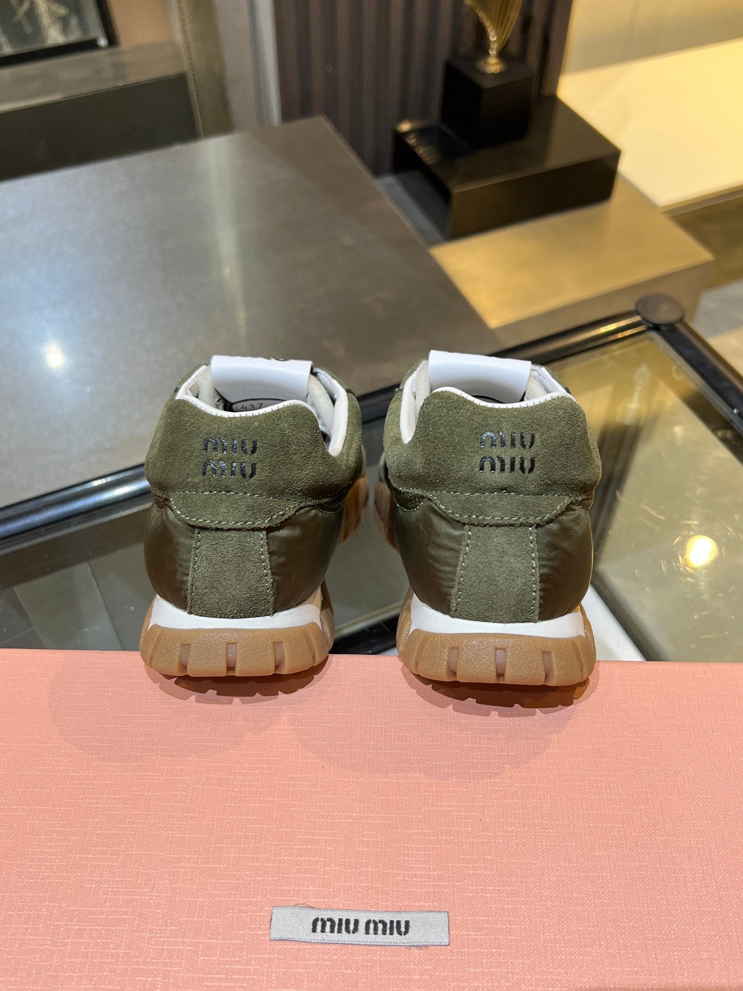 MIUMIU 26S SNEAKERS IN ARMY OLIVE FABRIC AND SUEDE