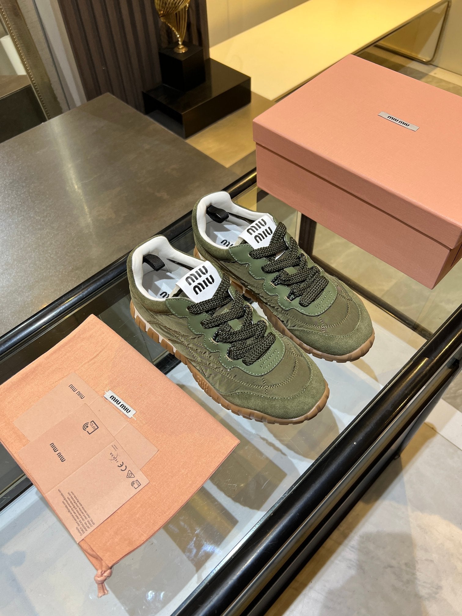 MIUMIU 26S SNEAKERS IN ARMY OLIVE FABRIC AND SUEDE