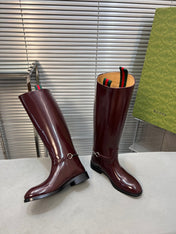 SLIM HORSEBIT KNEE BOOTS WITH WEB IN WINE RED GLOSSY CALFSKIN