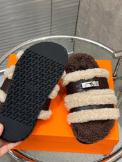 HM 25S SANDAL IN BEIGE WOOL AND DARK BROWN LAMBSKIN WITH SILVER HARDWARE