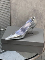 BALENCIAGA 25S HIGH-HEEL SHOES 85 MM IN SILVER COW LEATHER