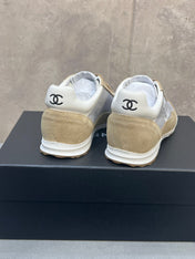 CHANEL 26S RUNNING SNEAKERS IN BEIGE AND GREY MATERIAL CC LOGO