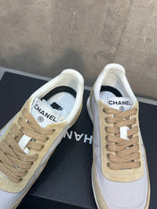 CHANEL 26S RUNNING SNEAKERS IN BEIGE AND GREY MATERIAL CC LOGO