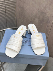 PRADA 26S BLOCK HEEL SLIDE SANDALS 60MM IN WHITE CALFSKIN WITH LOGO