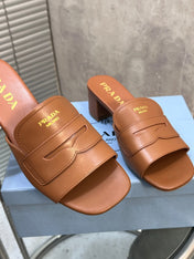 PRADA 26S BLOCK HEEL SLIDE SANDALS 60MM IN CARAMEL BROWN CALFSKIN WITH LOGO