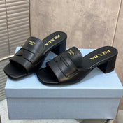 PRADA 26S BLOCK HEEL SLIDE SANDALS 60MM IN BLACK CALFSKIN WITH LOGO