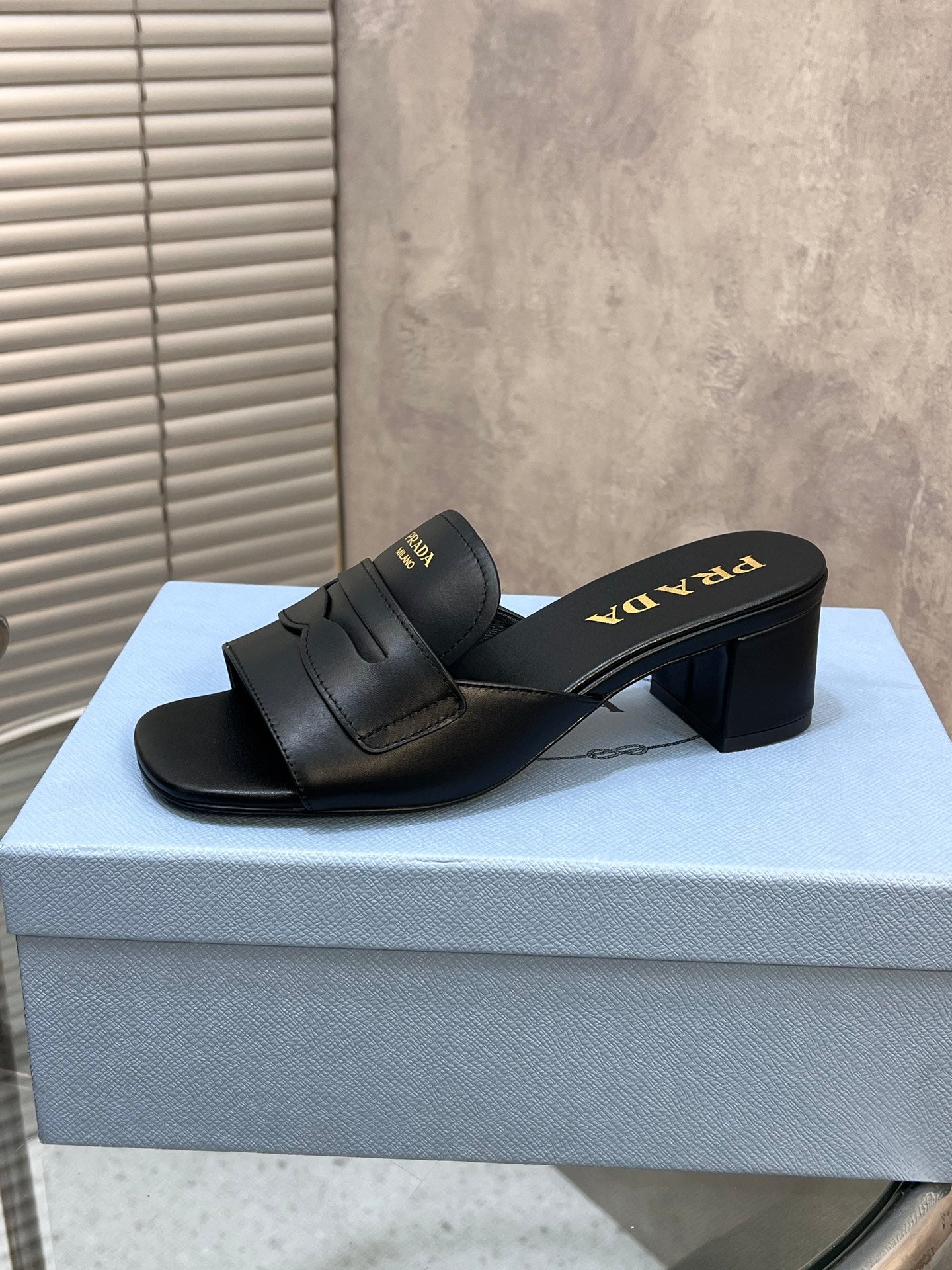PRADA 26S BLOCK HEEL SLIDE SANDALS 60MM IN BLACK CALFSKIN WITH LOGO
