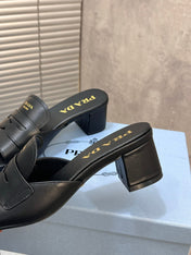 PRADA 26S BLOCK HEEL SLIDE SANDALS 60MM IN BLACK CALFSKIN WITH LOGO