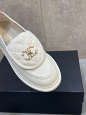 CHANEL 26S LOAFERS IN WHITE CANVAS WITH QUILTED FLAP & CHAIN CC LOGO