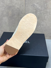 CHANEL 26S LOAFERS IN IVORY WHITE CANVAS WITH QUILTED FLAP & CHAIN CC LOGO