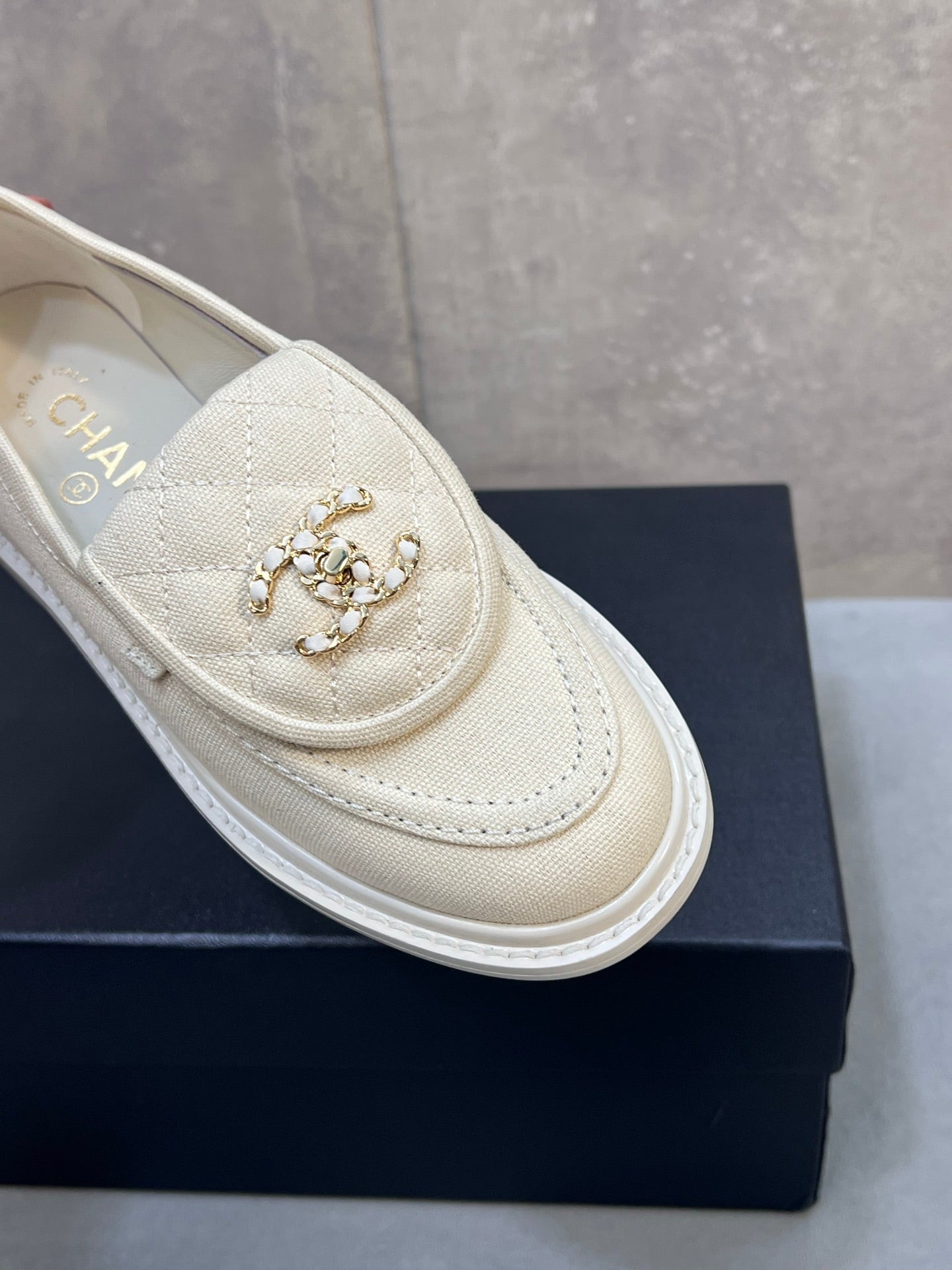 CHANEL 26S LOAFERS IN IVORY WHITE CANVAS WITH QUILTED FLAP & CHAIN CC LOGO