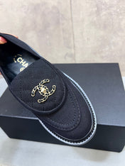 CHANEL 26S LOAFERS IN BLACK CANVAS WITH QUILTED FLAP & CHAIN CC LOGO