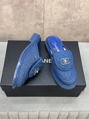 CHANEL 26S MULE LOAFERS IN BLUE DENIM WITH QUILTED FLAP & CHAIN CC LOGO