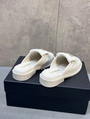 CHANEL 26S MULE LOAFERS IN WHITE CANVAS WITH QUILTED FLAP & CC LOGO