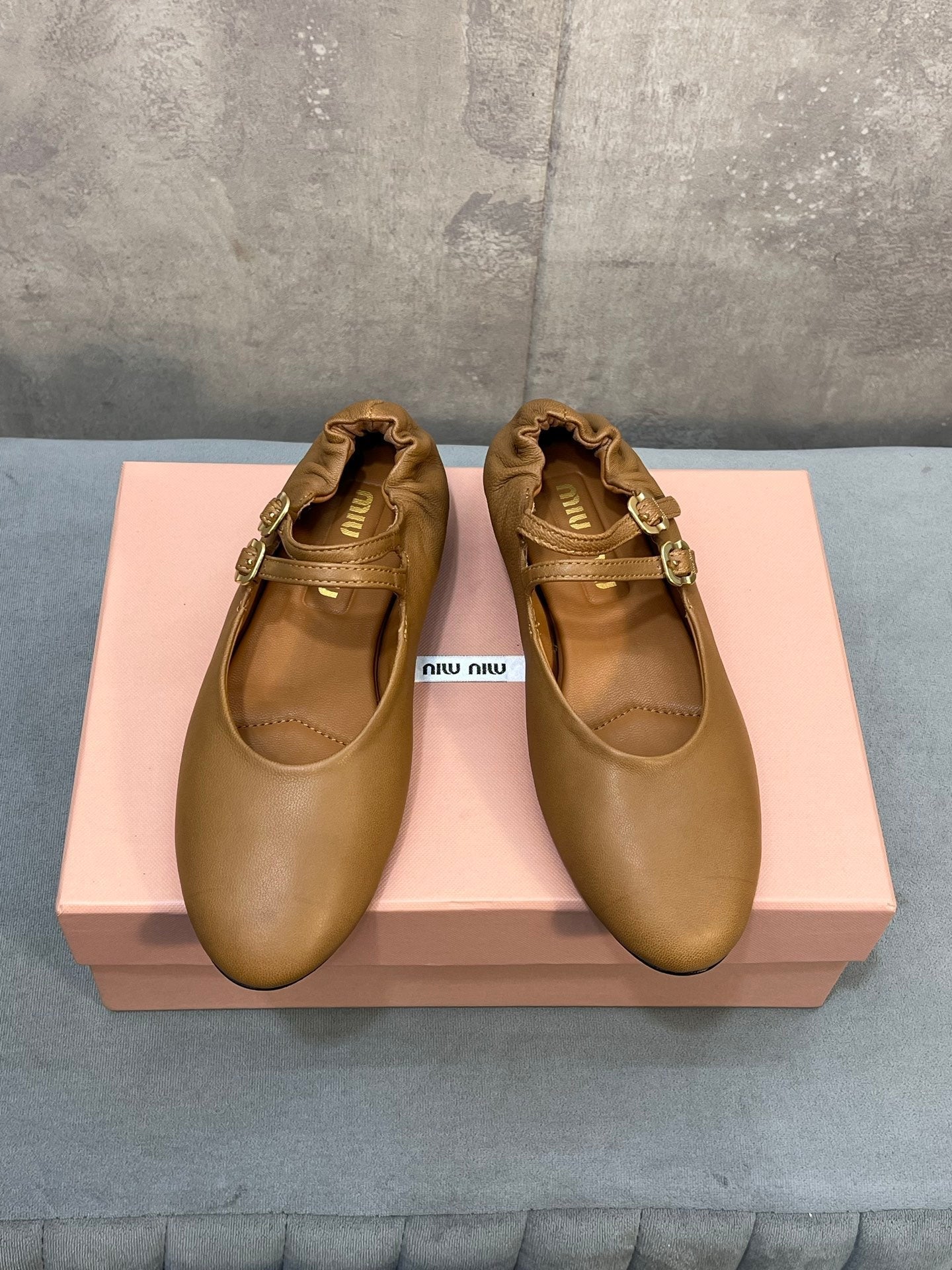 MIUMIU 26S DOUBLE STRAP MARY JANE FLATS IN CARAMEL BROWN SHEEPSKIN
