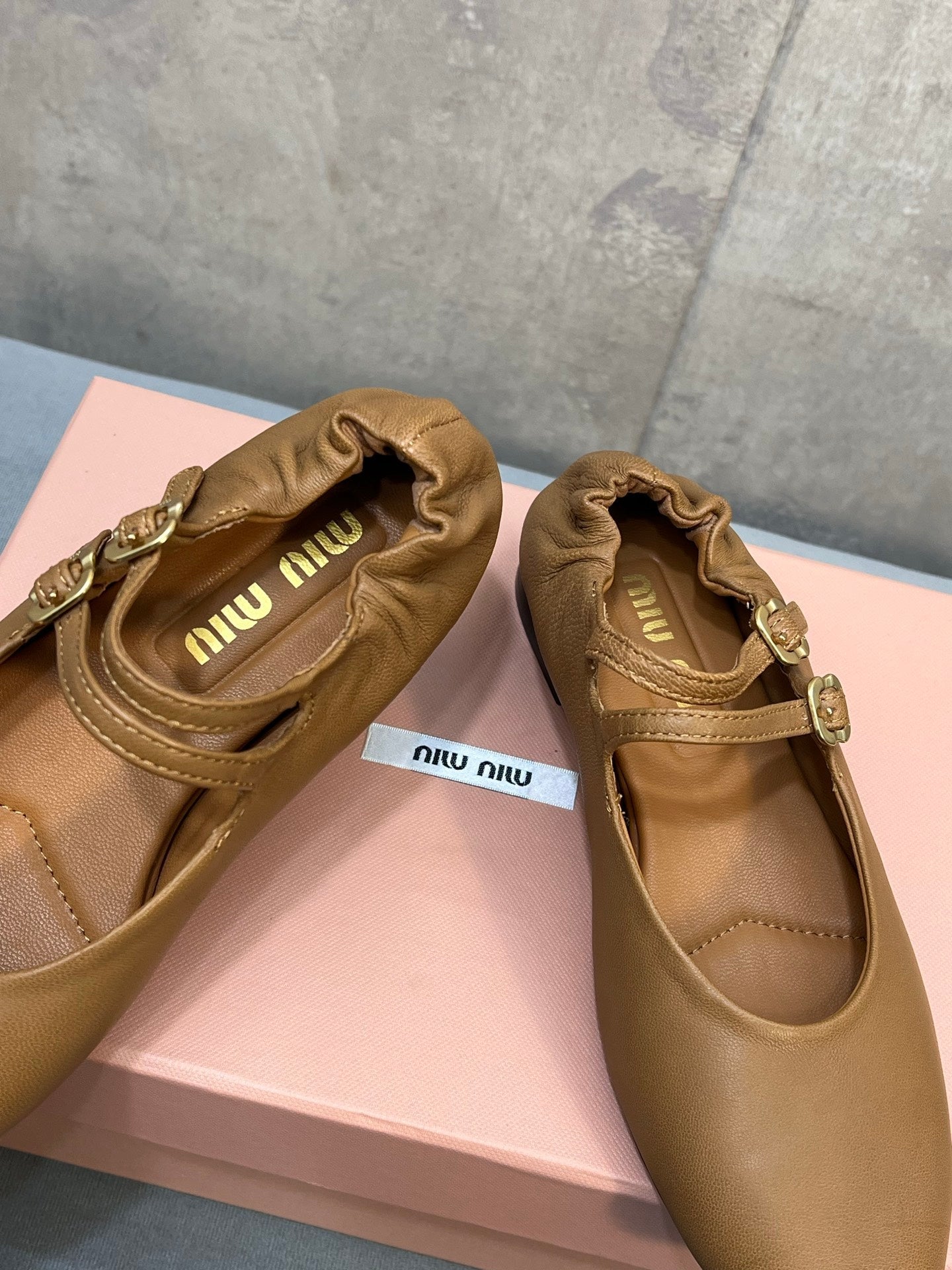 MIUMIU 26S DOUBLE STRAP MARY JANE FLATS IN CARAMEL BROWN SHEEPSKIN