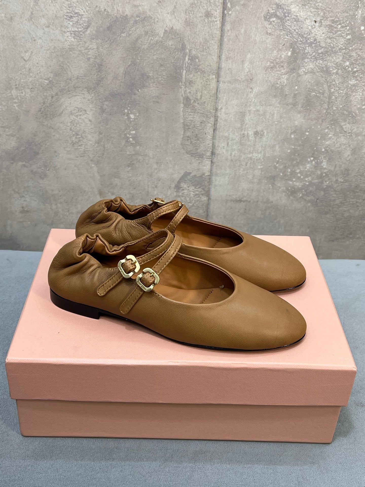 MIUMIU 26S DOUBLE STRAP MARY JANE FLATS IN CARAMEL BROWN SHEEPSKIN