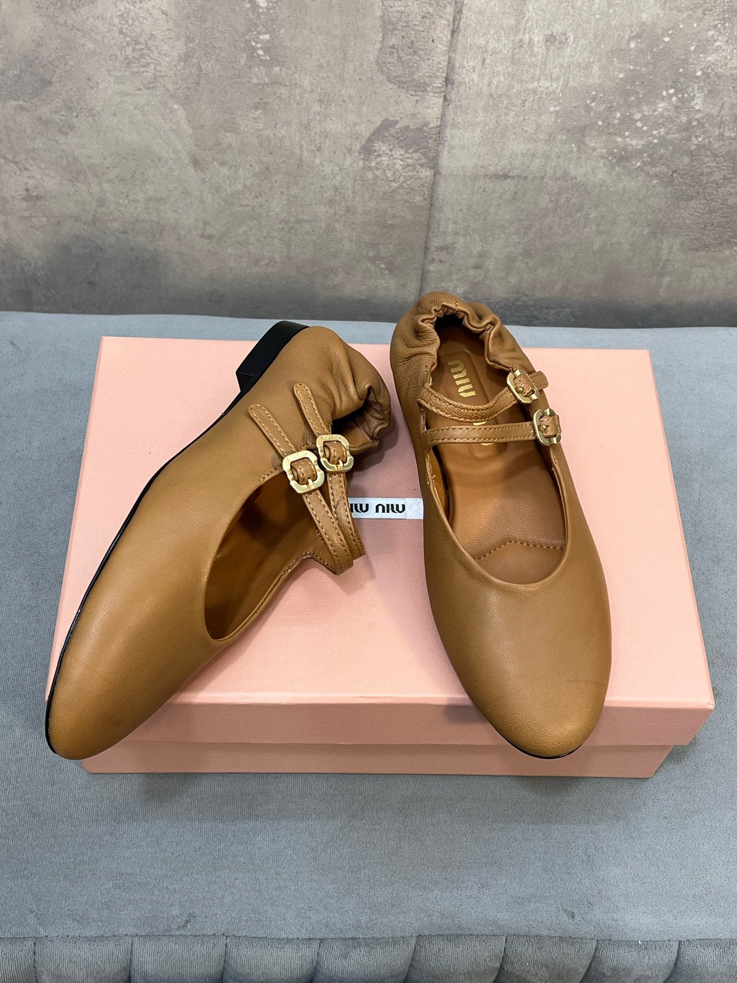MIUMIU 26S DOUBLE STRAP MARY JANE FLATS IN CARAMEL BROWN SHEEPSKIN