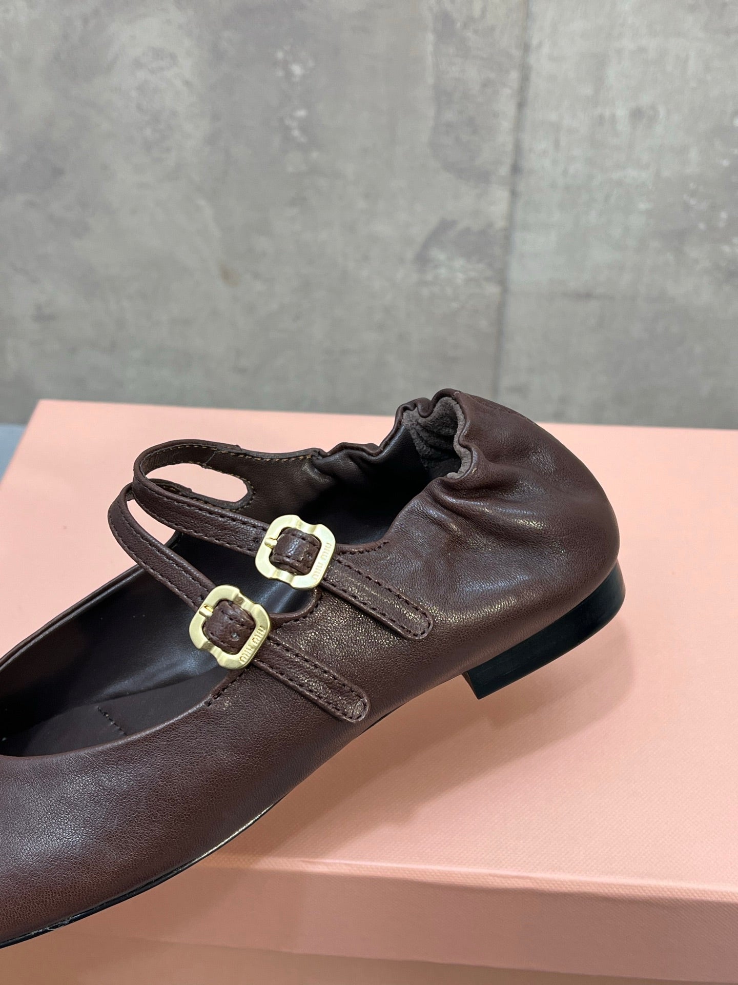 MIUMIU 26S DOUBLE STRAP MARY JANE FLATS IN DARK BROWN SHEEPSKIN