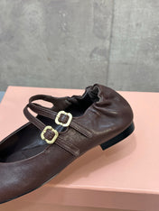 MIUMIU 26S DOUBLE STRAP MARY JANE FLATS IN DARK BROWN SHEEPSKIN