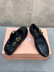MIUMIU 26S DOUBLE STRAP MARY JANE FLATS IN BLACK SHEEPSKIN
