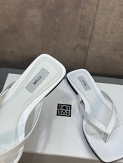 THE ROW 26S SQUARE TOE THONG SANDALS IN WHITE CROCODILE EMBOSSED CALFSKIN