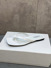 THE ROW 26S SQUARE TOE THONG SANDALS IN WHITE CROCODILE EMBOSSED CALFSKIN