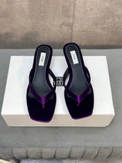 THE ROW 26S SQUARE TOE THONG KITTEN HEEL SANDALS 45MM IN PURPLE VELVET