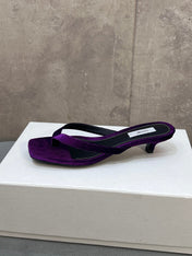 THE ROW 26S SQUARE TOE THONG KITTEN HEEL SANDALS 45MM IN PURPLE VELVET