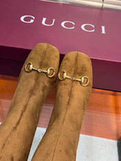 GUCCI 26S HORSEBIT KNEE-HIGH BOOTS 55 MM IN BROWN SUEDE