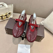ALAIA 26S MESH FLATS IN DARK RED SUEDE