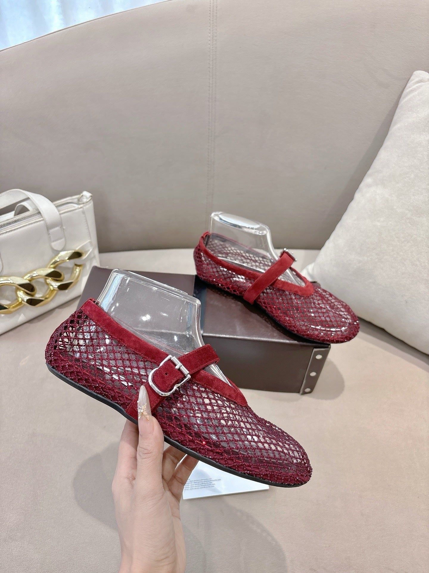 ALAIA 26S MESH FLATS IN DARK RED SUEDE
