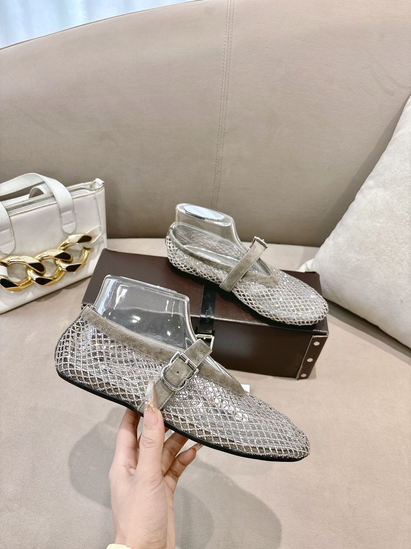 ALAIA 26S MESH FLATS IN BEIGE BROWN SUEDE