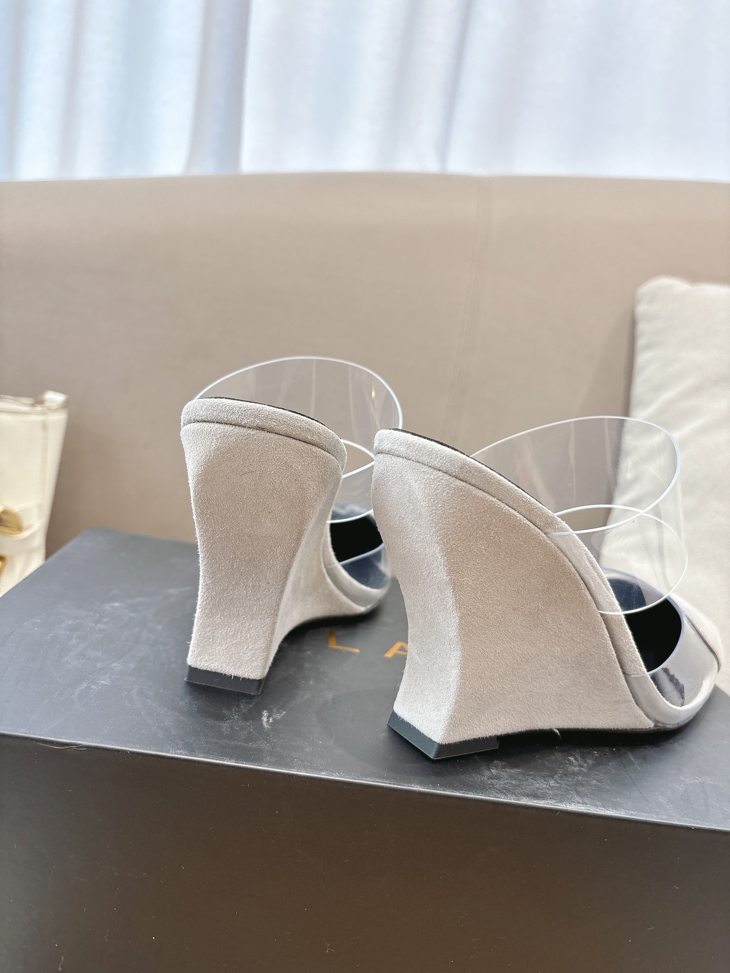 ALAIA 26S HIGH-HEEL WEDGE MULES 95 MM IN OFF WHITE GREY SUEDE