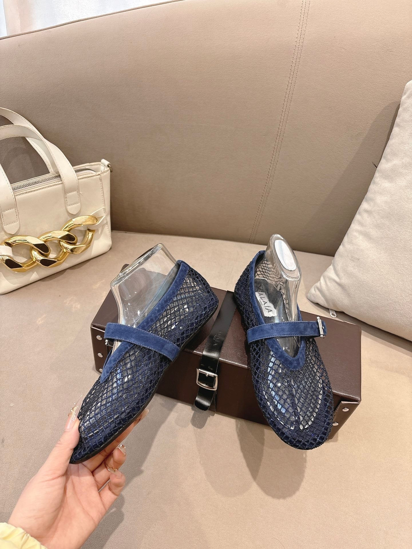 ALAIA 26S MESH FLATS IN NAVY BLUE SUEDE
