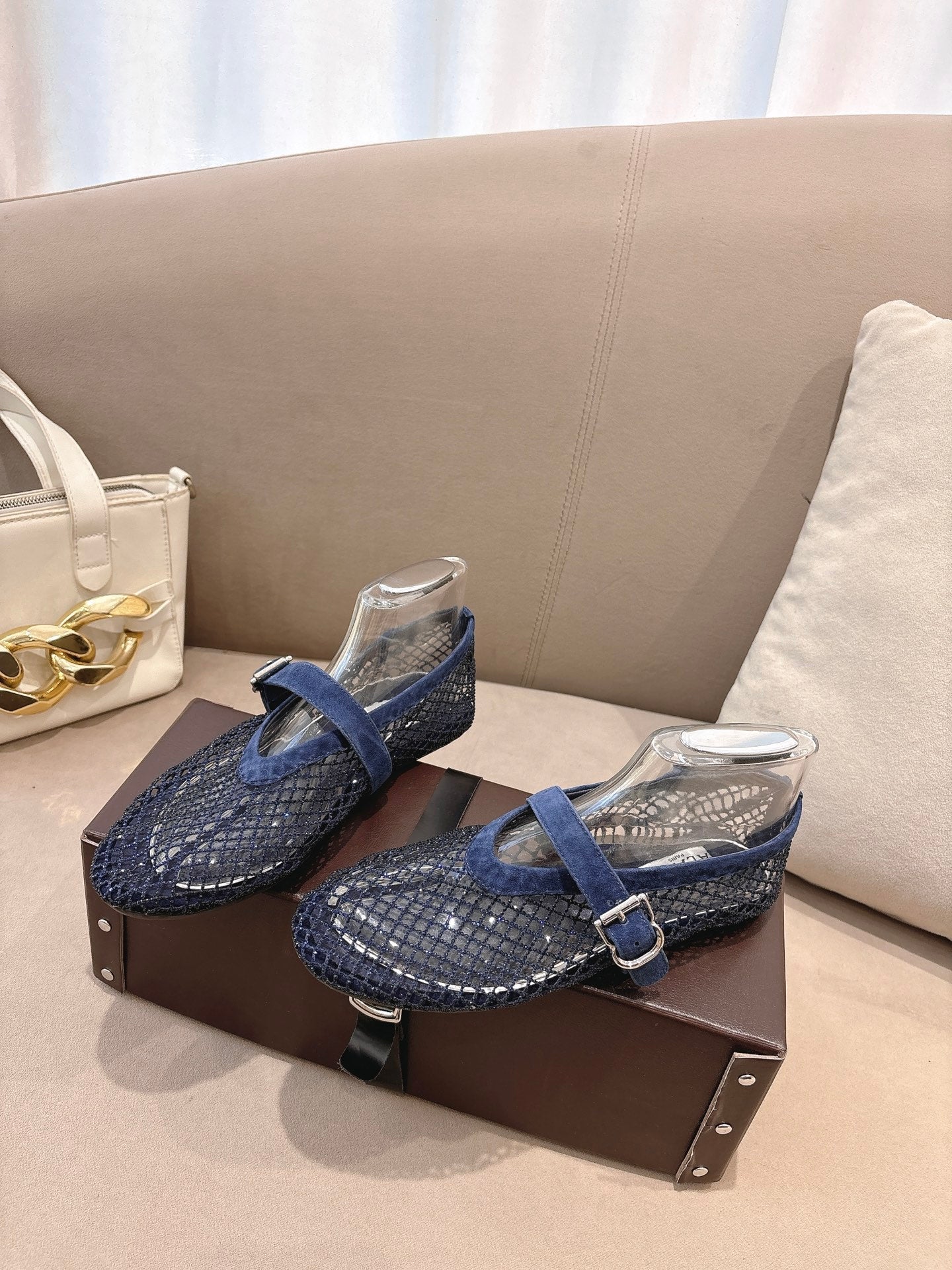 ALAIA 26S MESH FLATS IN NAVY BLUE SUEDE