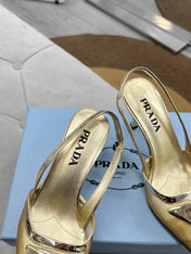 PRADA 25S TRIANGLE LOGO SLINGBACK PUMPS IN GOLD MESH FABRIC