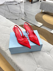 PRADA 25S TRIANGLE LOGO SLINGBACK PUMPS IN RED MESH FABRIC
